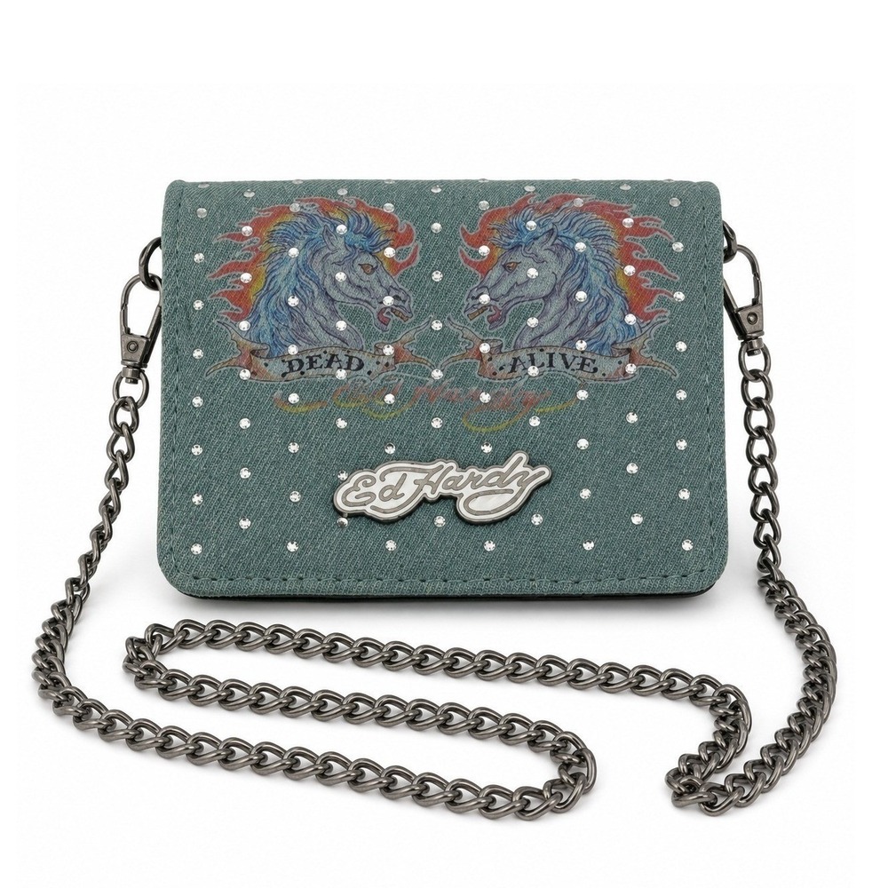 NWT Ed Hardy Dead Alive Horses Wallet Crossbody Chain Rhinestone Y2K Bag Gothβ